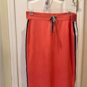 Coral Drawstring Knit Midi Skirt with Side Stripe